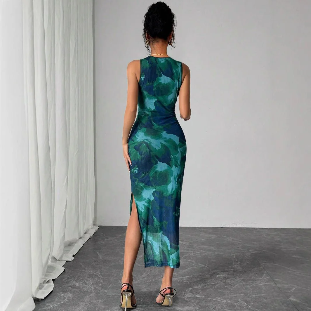 The Malachite Mesh | Women's Geometric Print Mesh Sleeveless Maxi Dress - Image 2