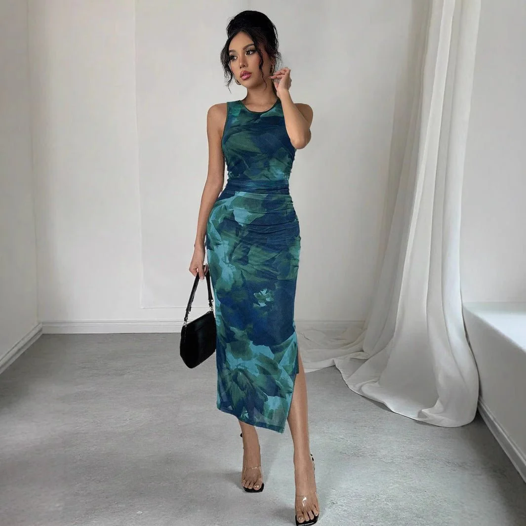 The Malachite Mesh | Women's Geometric Print Mesh Sleeveless Maxi Dress - Image 4