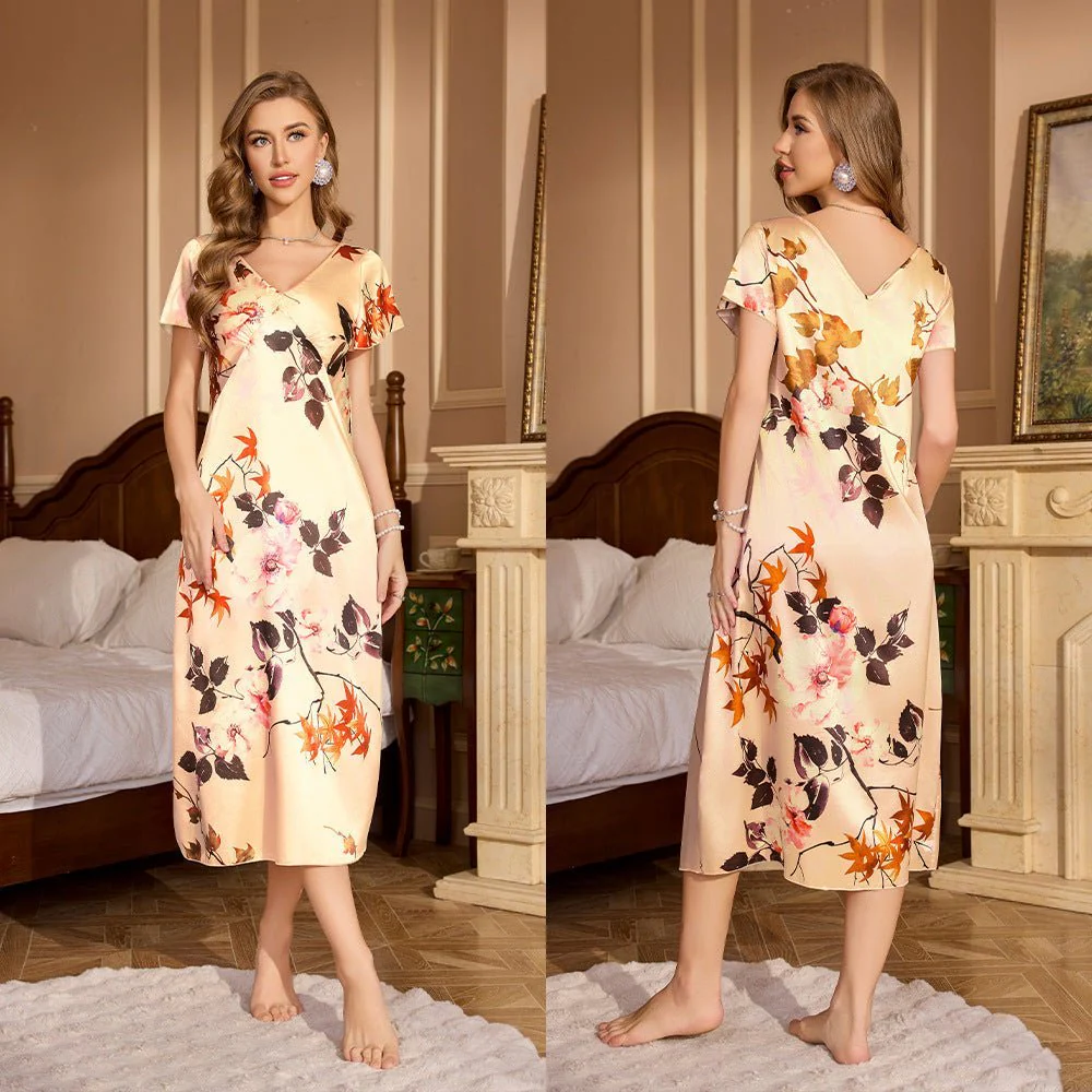 The Maple Glow | Women's Ice Silk Maple Leaf Print Long Nightgown - Image 3