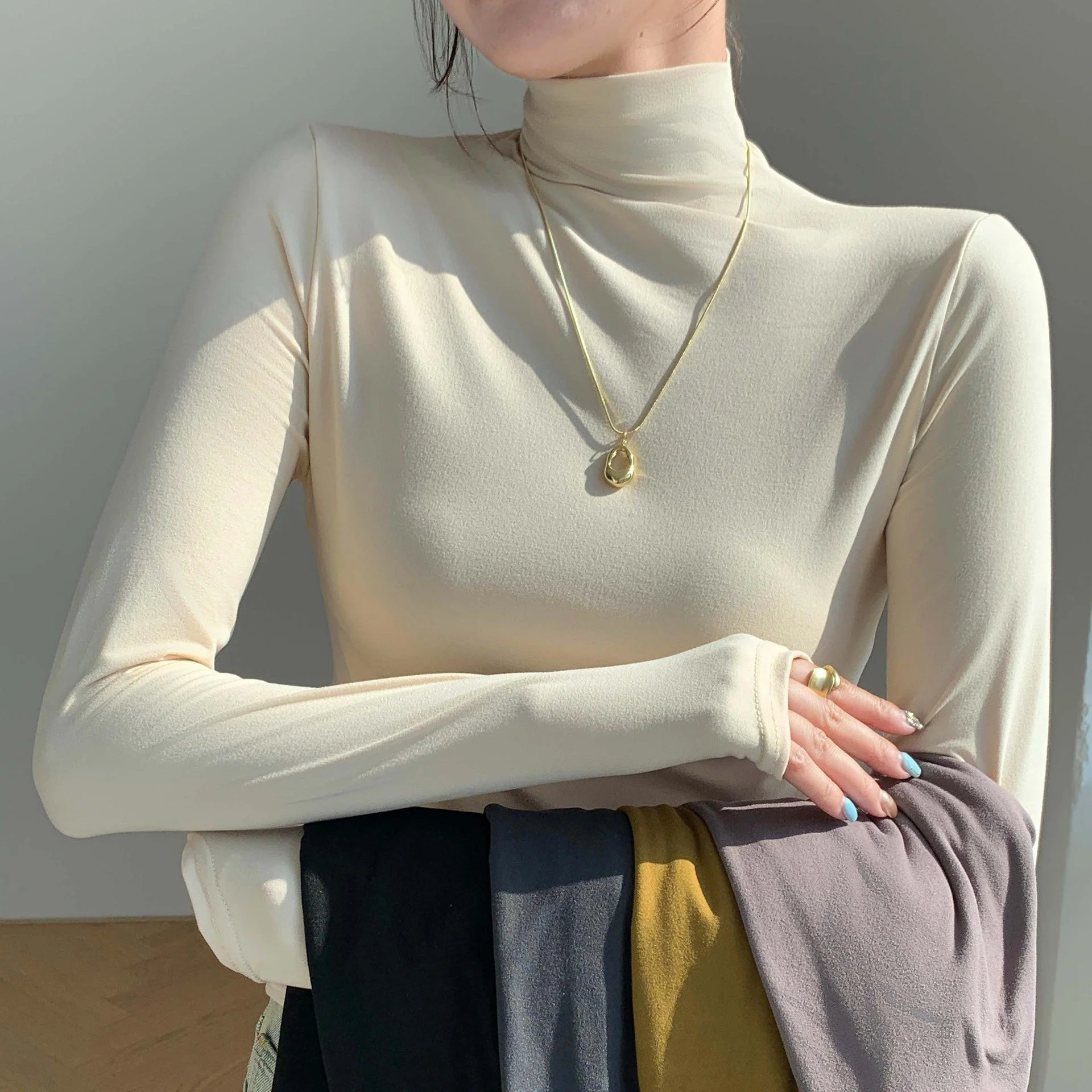 The Masked Elegance | Solid Color Semi-Turtleneck Built-In Mask Knit Top FD