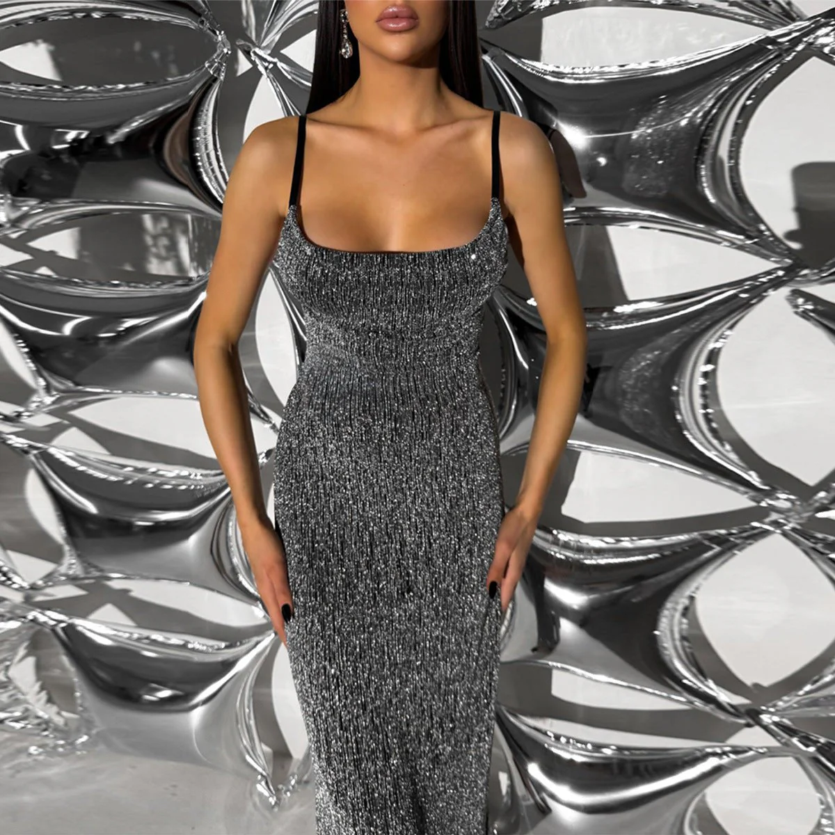 The Mercury Glow | Y2K Metallic U-Neck Maxi - Image 3