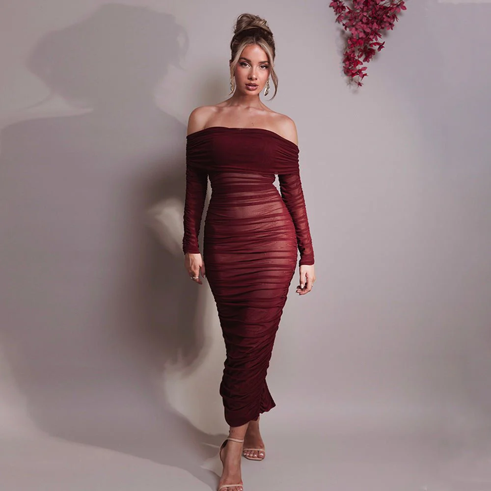 The Mesh Asymmetry | Women's One-Shoulder Mesh Splicing Long-Sleeve Midi Dress FD - Image 13