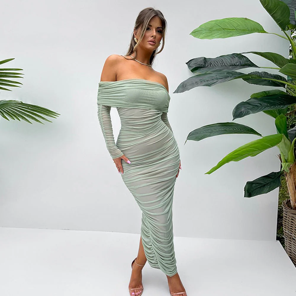 The Mesh Asymmetry | Women's One-Shoulder Mesh Splicing Long-Sleeve Midi Dress FD - Image 22