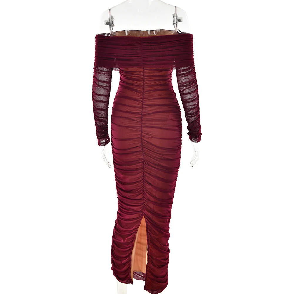 The Mesh Asymmetry | Women's One-Shoulder Mesh Splicing Long-Sleeve Midi Dress FD - Image 43