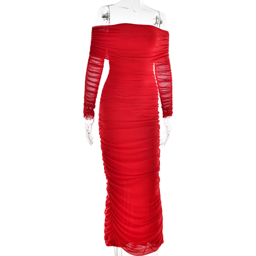 The Mesh Asymmetry | Women's One-Shoulder Mesh Splicing Long-Sleeve Midi Dress FD - Image 50