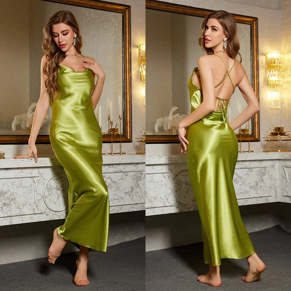 The Midnight Allure | Solid Color Backless Ice Silk Suspender Maxi Nightdress - Image 10