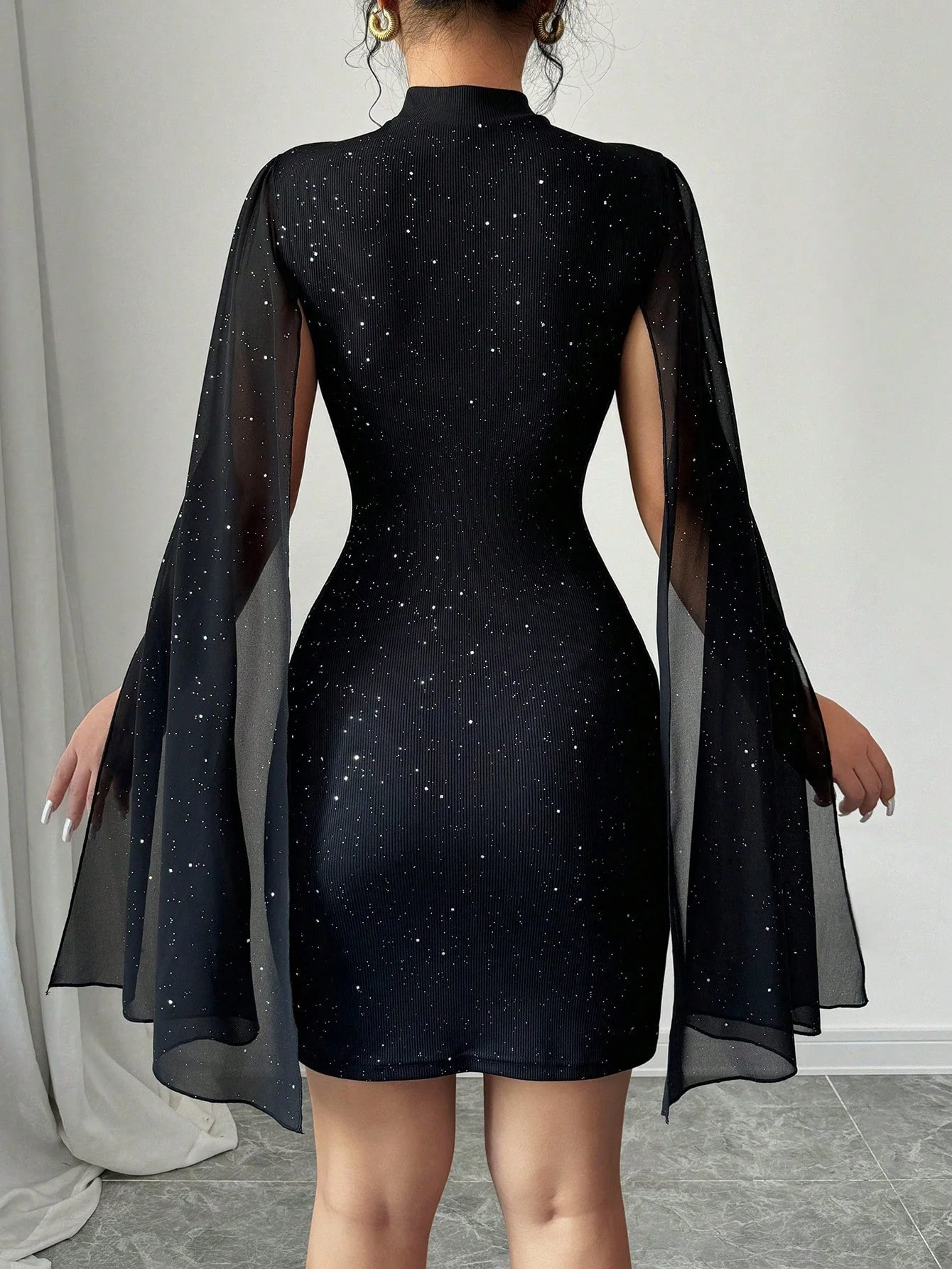 The Midnight Glam | Women's Sequin Print Stand Collar Bodycon Mini Dress - Image 2