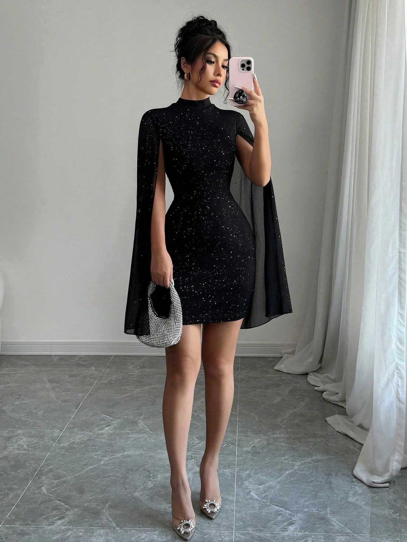 The Midnight Glam | Women's Sequin Print Stand Collar Bodycon Mini Dress - Image 3