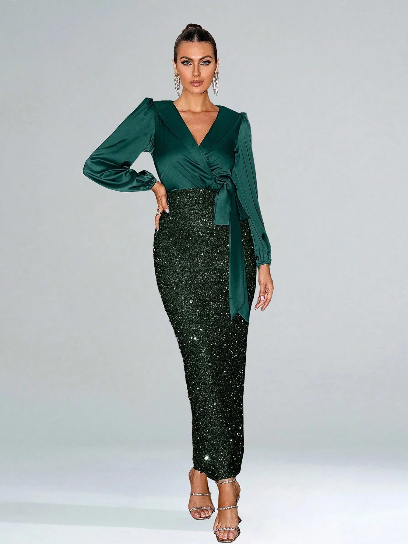 The Midnight Glamour | Solid Black Surplice Knot Slit Maxi Dress - Image 10