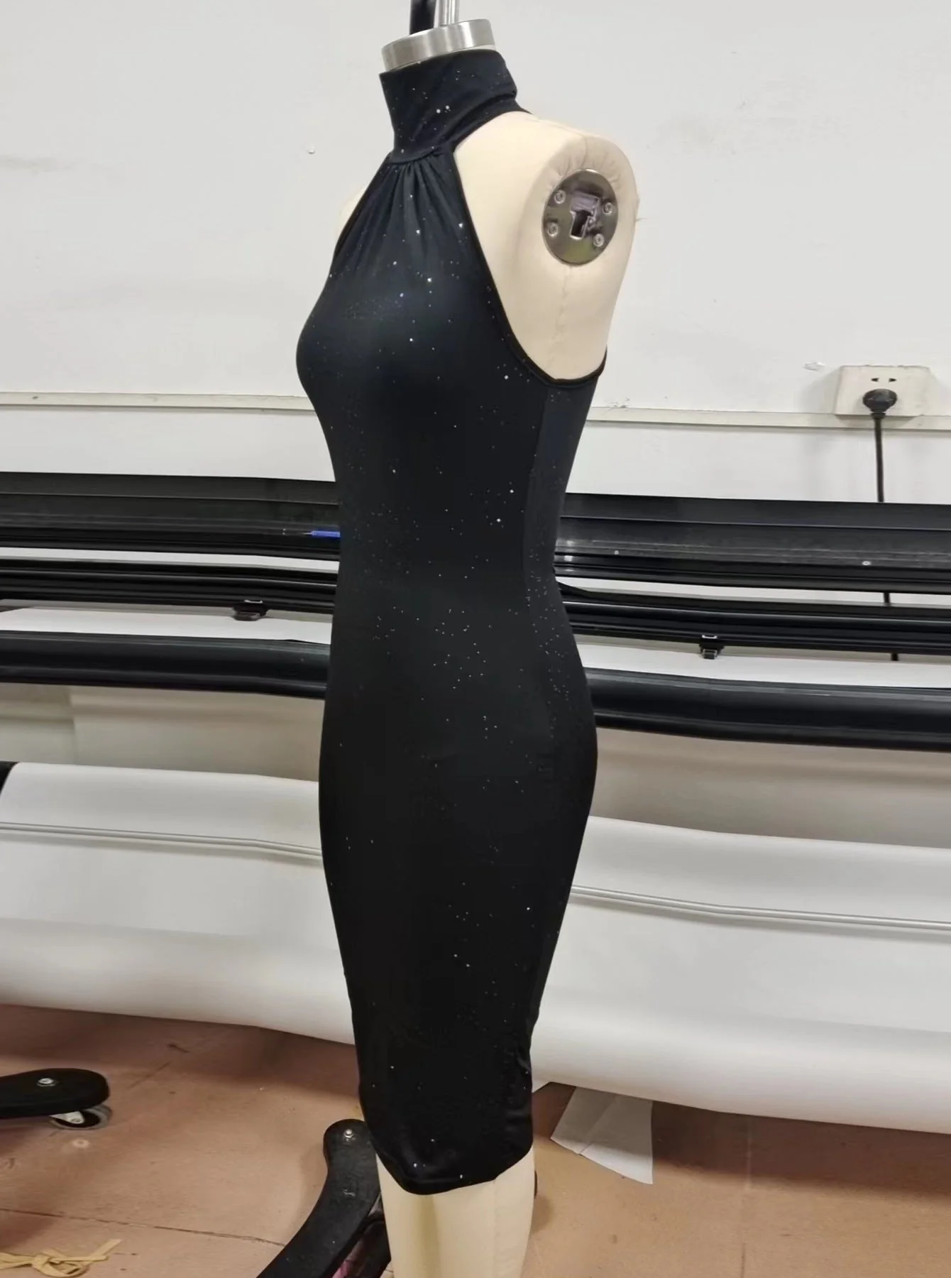 The Midnight Grace | Solid Black Turtleneck Sequined Midi Bodycon Dress - Image 2
