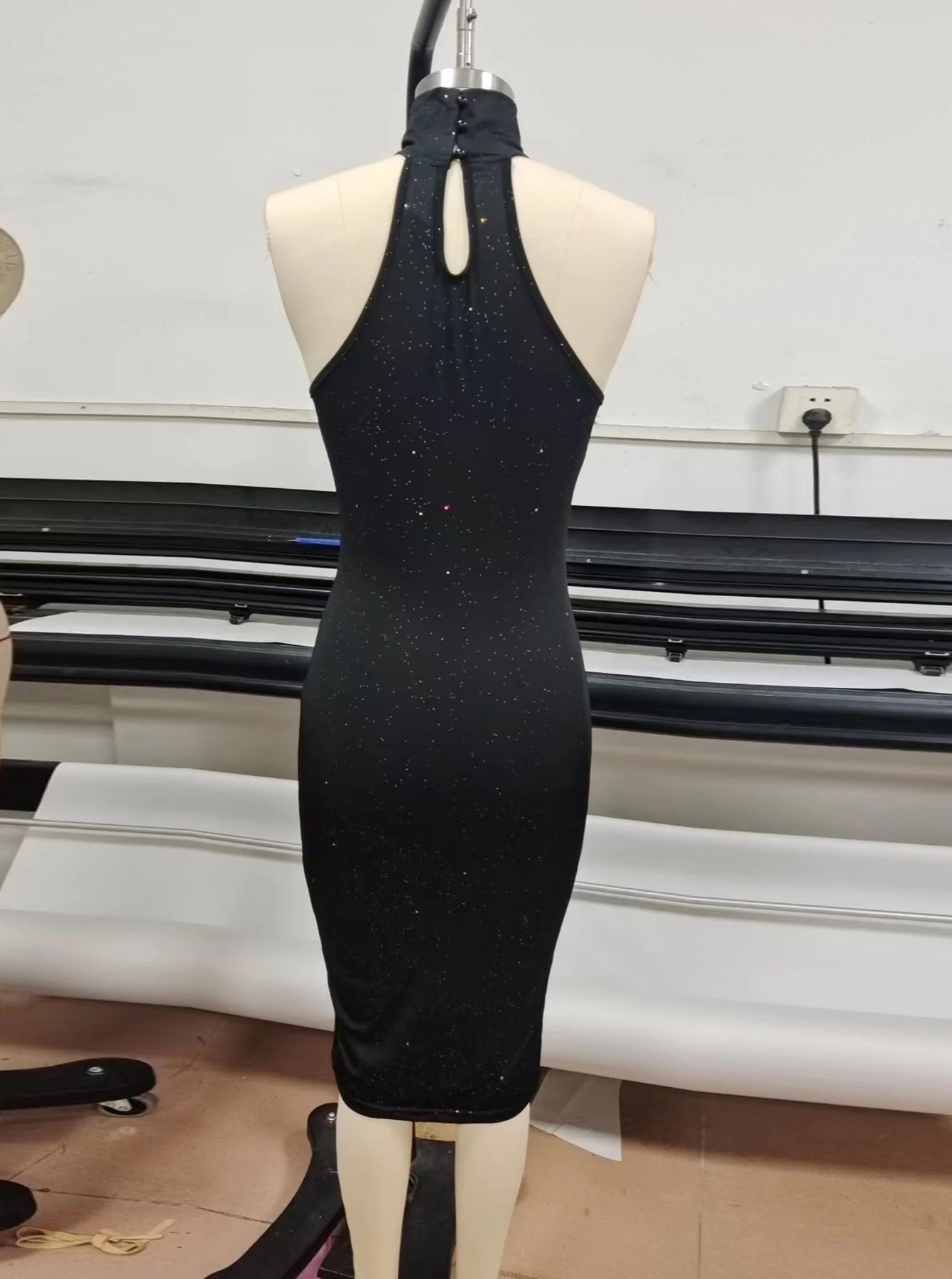 The Midnight Grace | Solid Black Turtleneck Sequined Midi Bodycon Dress - Image 3
