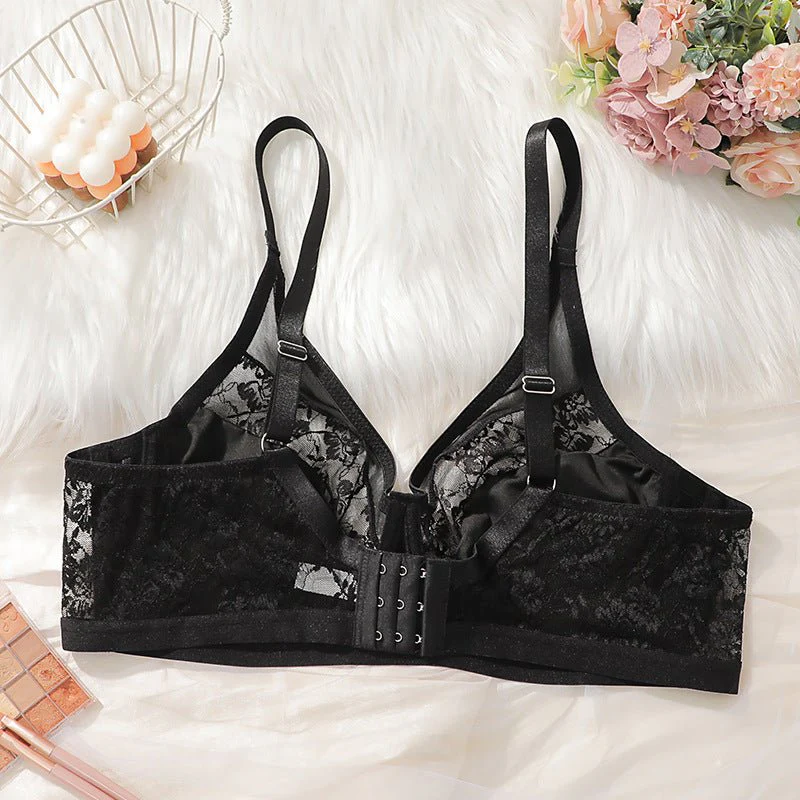 The Midnight Lace | Plus Size Black Lace Splicing Underwire Bra - Image 4
