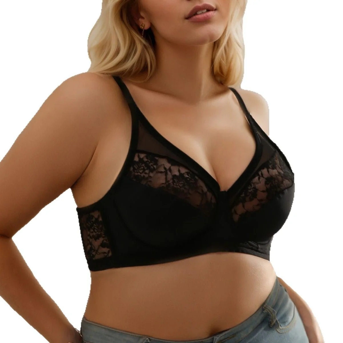 The Midnight Lace | Plus Size Black Lace Splicing Underwire Bra - Image 5