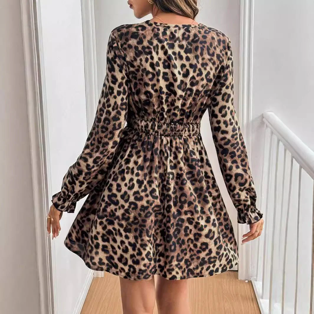 The Midnight Leopard | Women's Lace Patchwork Leopard Print V-Neck Midi Dress - Image 2