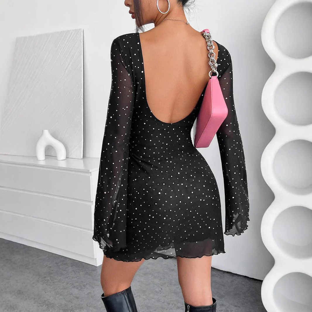 The Midnight Sequin | Women's Black Mesh Sequin Backless Long-Sleeve Jumpsuit - Image 4