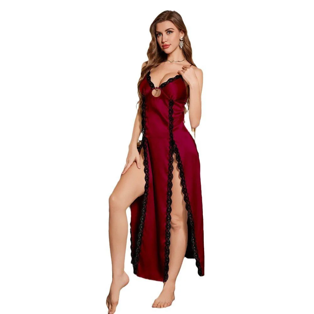 The Midnight Split | Women's Ice Silk Sexy Suspender Long Nightdress - Image 5