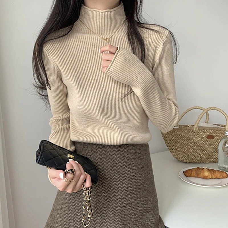 The Minimalist Charm | Solid Color Semi-Turtleneck Knitted Pullover Sweater FD - Image 2