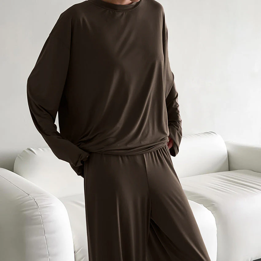 The Modal Comfort | Solid Color Round-Neck Long-Sleeve Top & Pants Pajama Set - Image 2