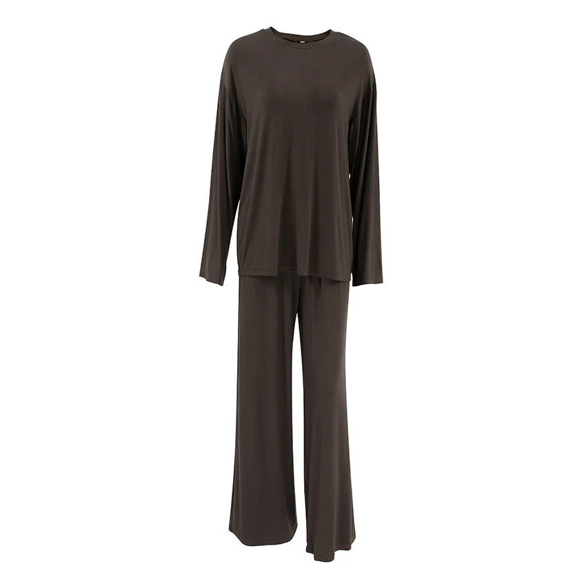The Modal Comfort | Solid Color Round-Neck Long-Sleeve Top & Pants Pajama Set - Image 5