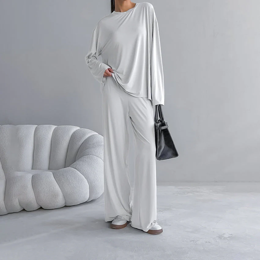 The Modal Comfort | Solid Color Round-Neck Long-Sleeve Top & Pants Pajama Set - Image 8