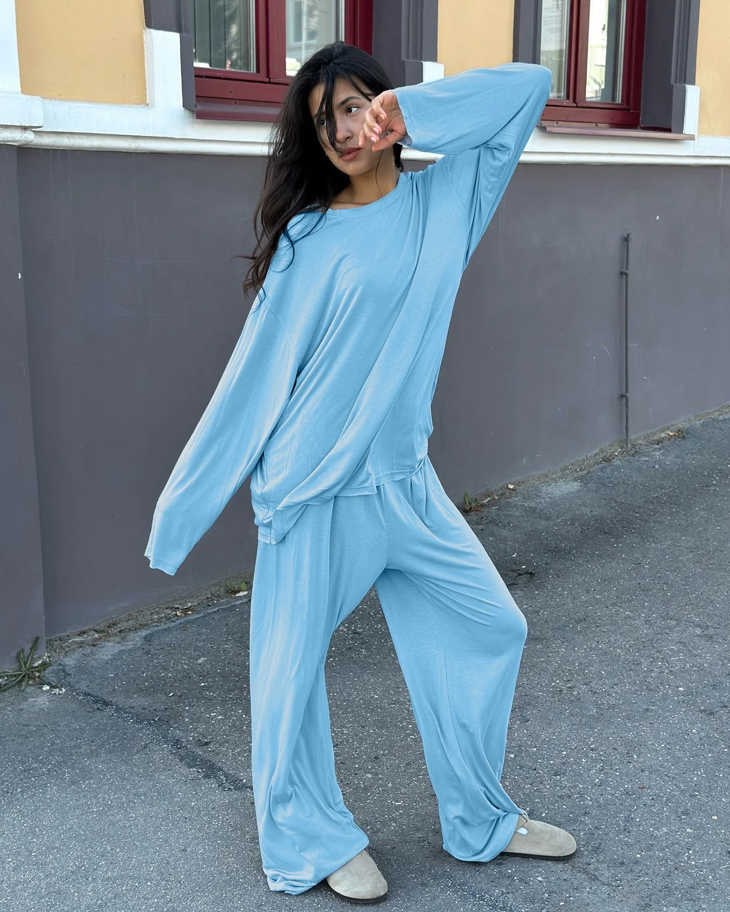 The Modal Comfort | Solid Color Round-Neck Long-Sleeve Top & Pants Pajama Set - Image 9