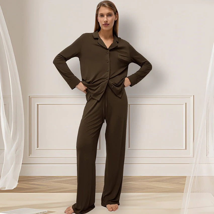 The Modal Ease | Solid Color Collared Long-Sleeve Top & Pants Pajama Set