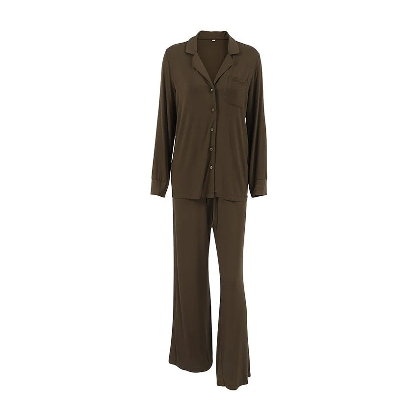 The Modal Ease | Solid Color Collared Long-Sleeve Top & Pants Pajama Set - Image 5