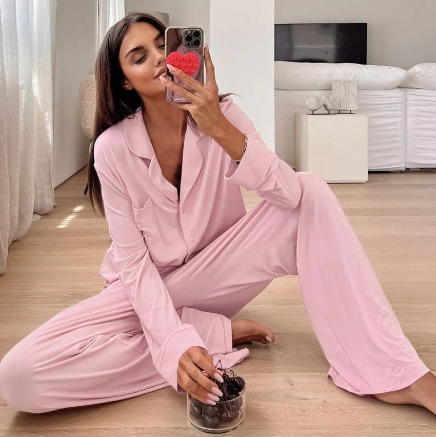 The Modal Ease | Solid Color Collared Long-Sleeve Top & Pants Pajama Set - Image 6