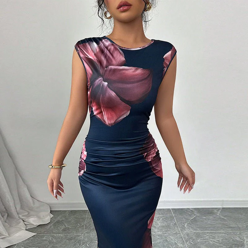 The Navy Blossom | Women's Floral Print Sleeveless Bodycon Maxi Dress - Image 2