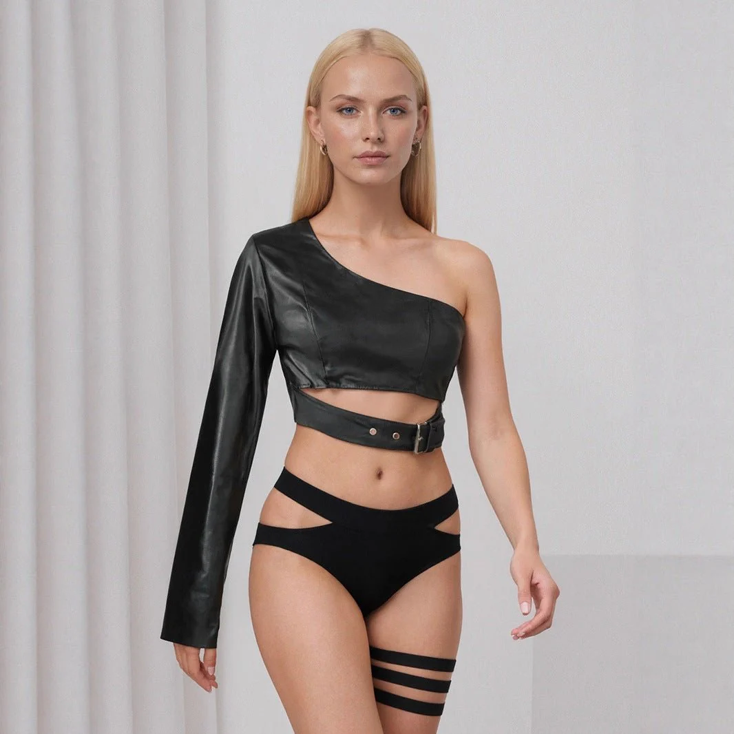 The Night Riot | Black Collarless PU Leather Cropped Jacket for Women - Image 5