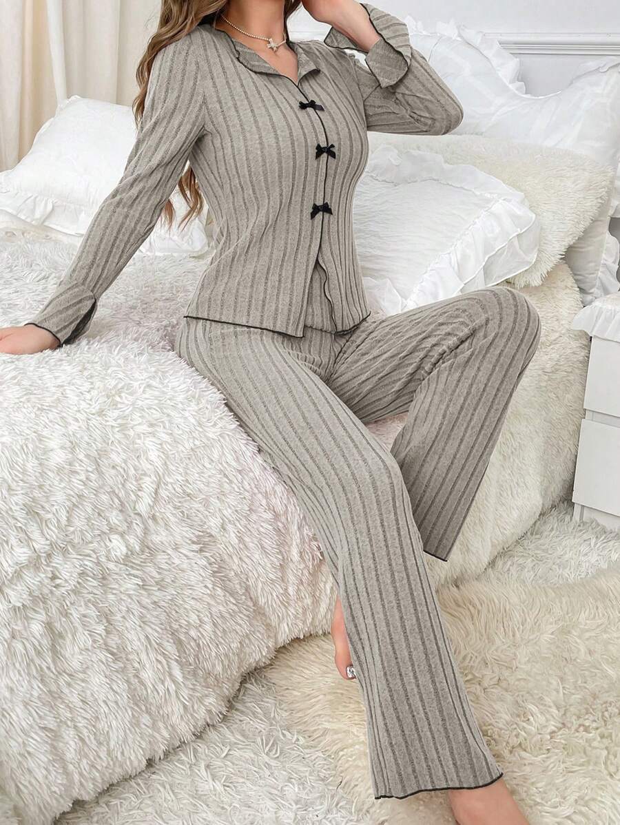 The Noble Whisper | Solid Color V-Neck Bow Long-Sleeve Pants Set - Image 11