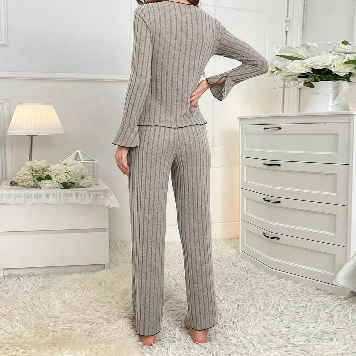 The Noble Whisper | Solid Color V-Neck Bow Long-Sleeve Pants Set - Image 2