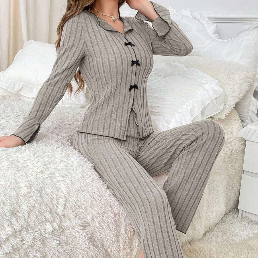 The Noble Whisper | Solid Color V-Neck Bow Long-Sleeve Pants Set - Image 3