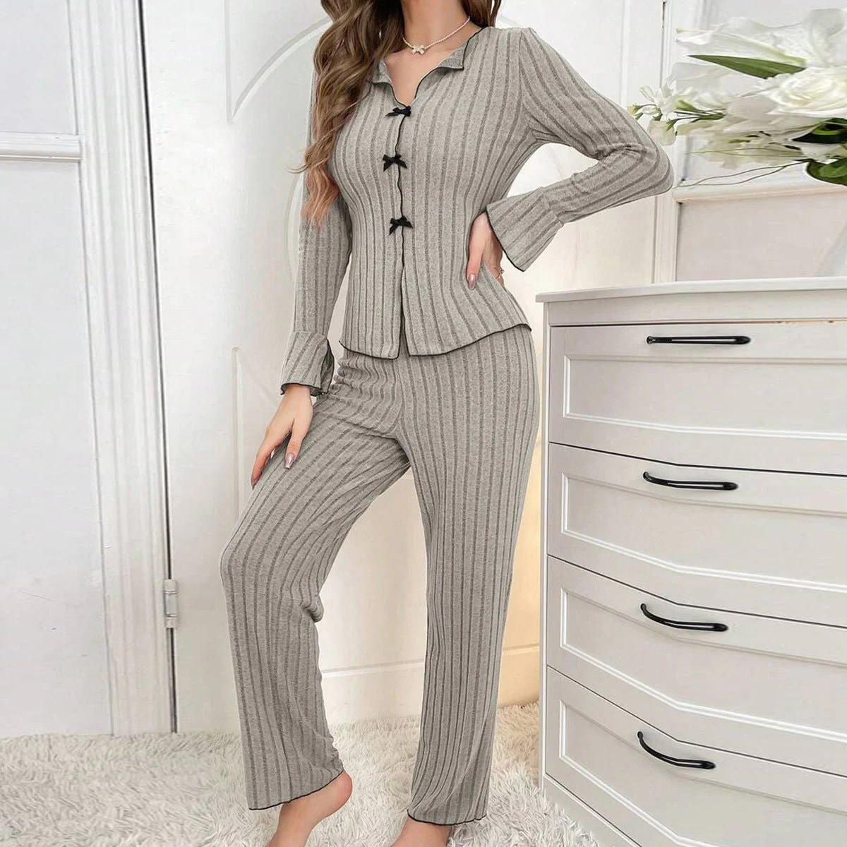 The Noble Whisper | Solid Color V-Neck Bow Long-Sleeve Pants Set - Image 4