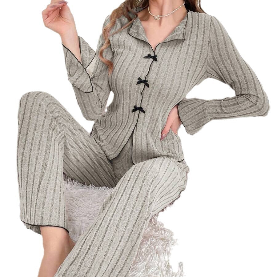 The Noble Whisper | Solid Color V-Neck Bow Long-Sleeve Pants Set - Image 5
