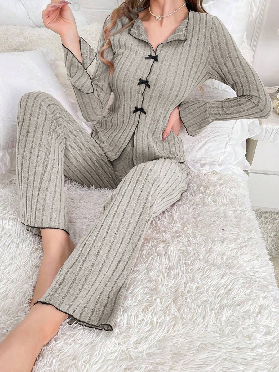 The Noble Whisper | Solid Color V-Neck Bow Long-Sleeve Pants Set - Image 7