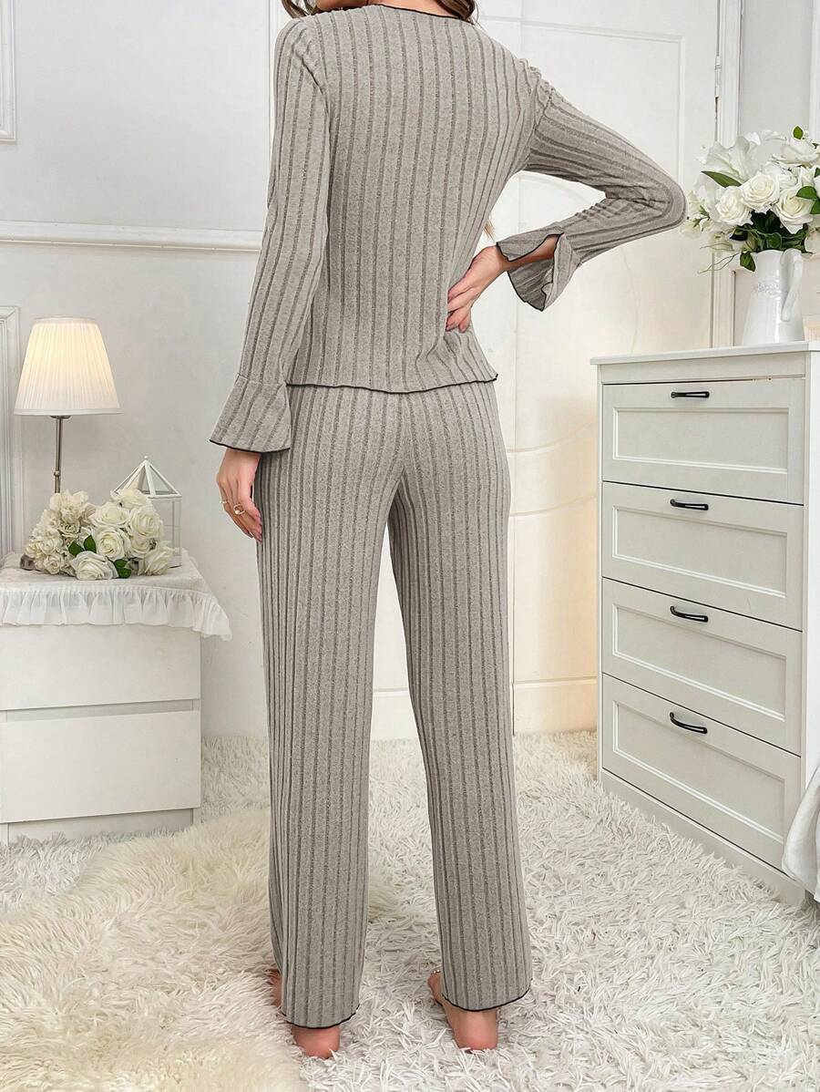 The Noble Whisper | Solid Color V-Neck Bow Long-Sleeve Pants Set - Image 9