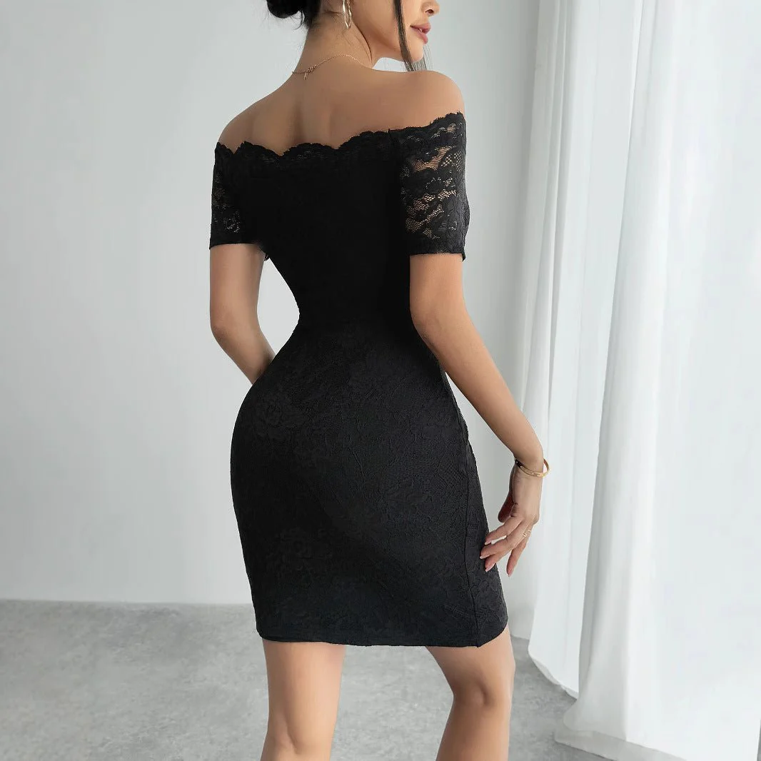 The Noir Blossom | Women's Off-Shoulder Lace Floral Hip-Wrap Mini Dress - Image 2