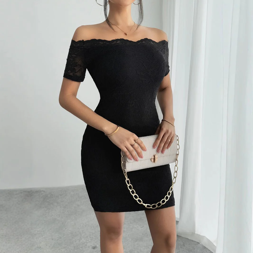 The Noir Blossom | Women's Off-Shoulder Lace Floral Hip-Wrap Mini Dress - Image 3