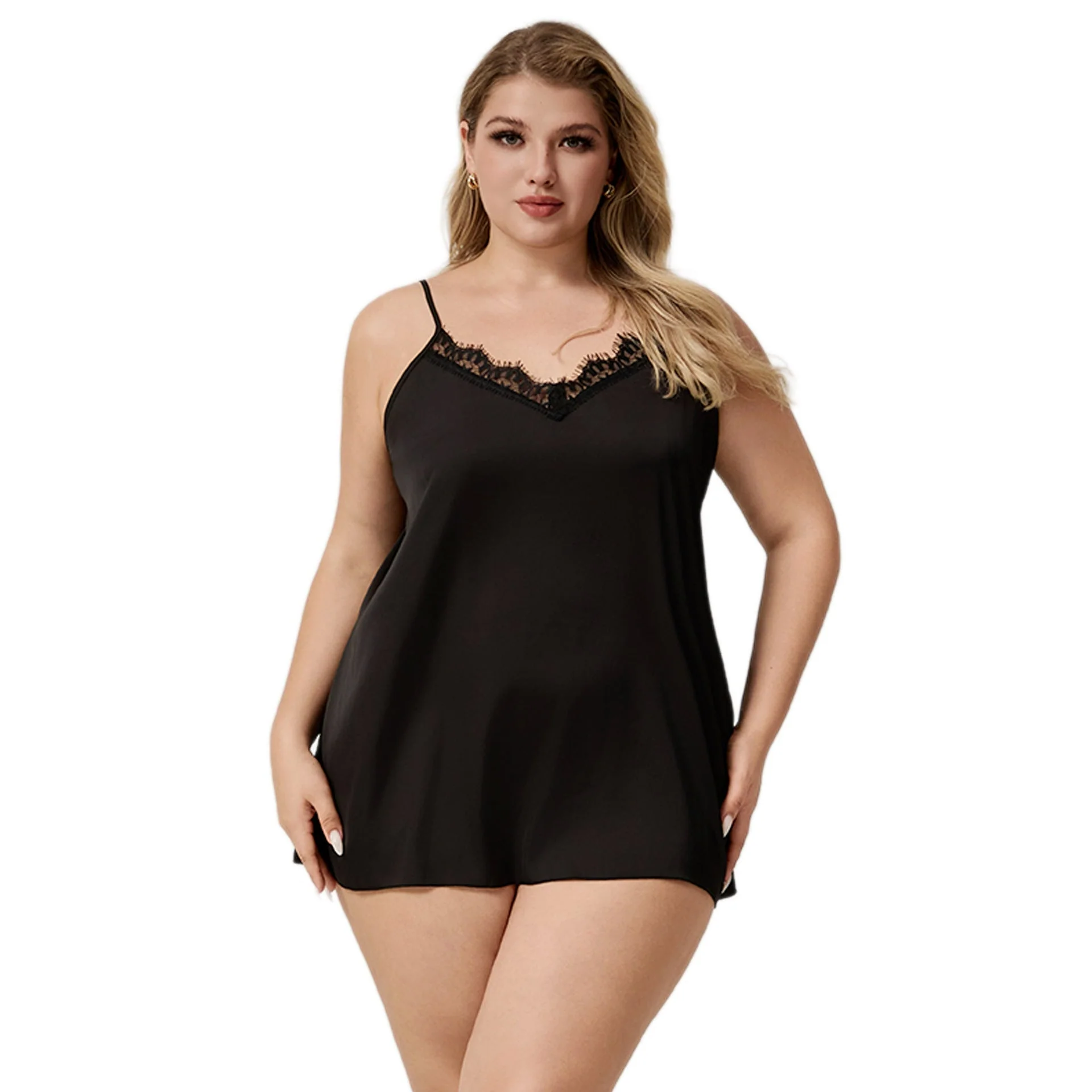 The Noir Desire | Women's Plus-Size Ice Silk Satin Suspender Chemise Nightdress - Image 3