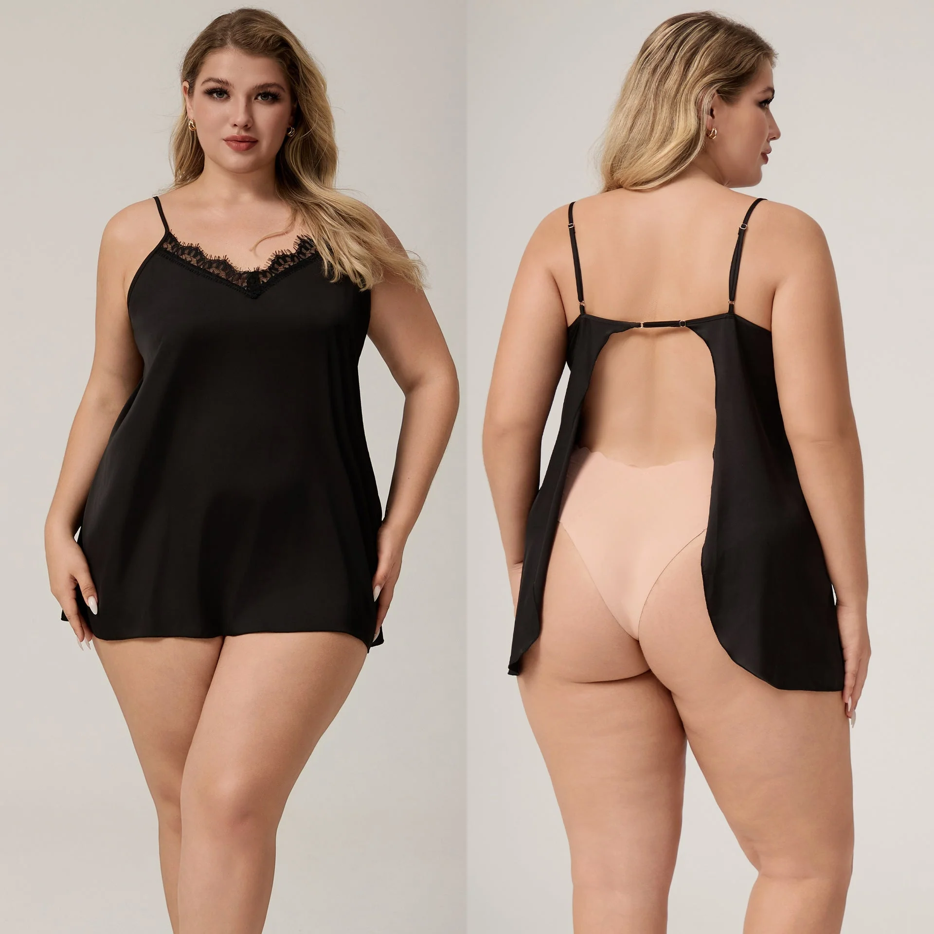 The Noir Desire | Women's Plus-Size Ice Silk Satin Suspender Chemise Nightdress - Image 4