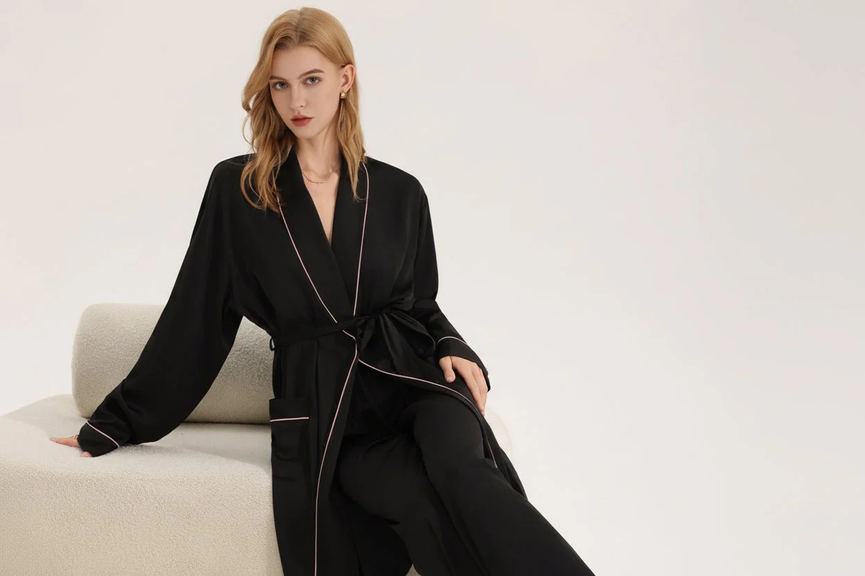 The Noir Elegance | Women's Satin Long-Sleeve Robe