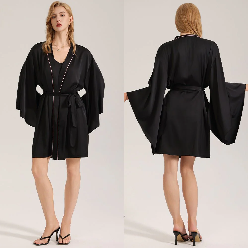 The Noir Elegance | Women's Satin Wide-Sleeve Short Robe - Image 3