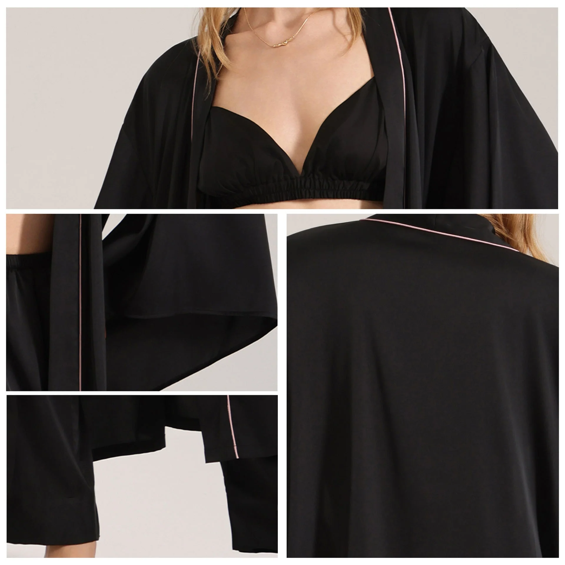 The Noir Harmony | Women's Satin Long-Sleeve Robe, Cami & Long Pants Three-Piece Set - Image 2