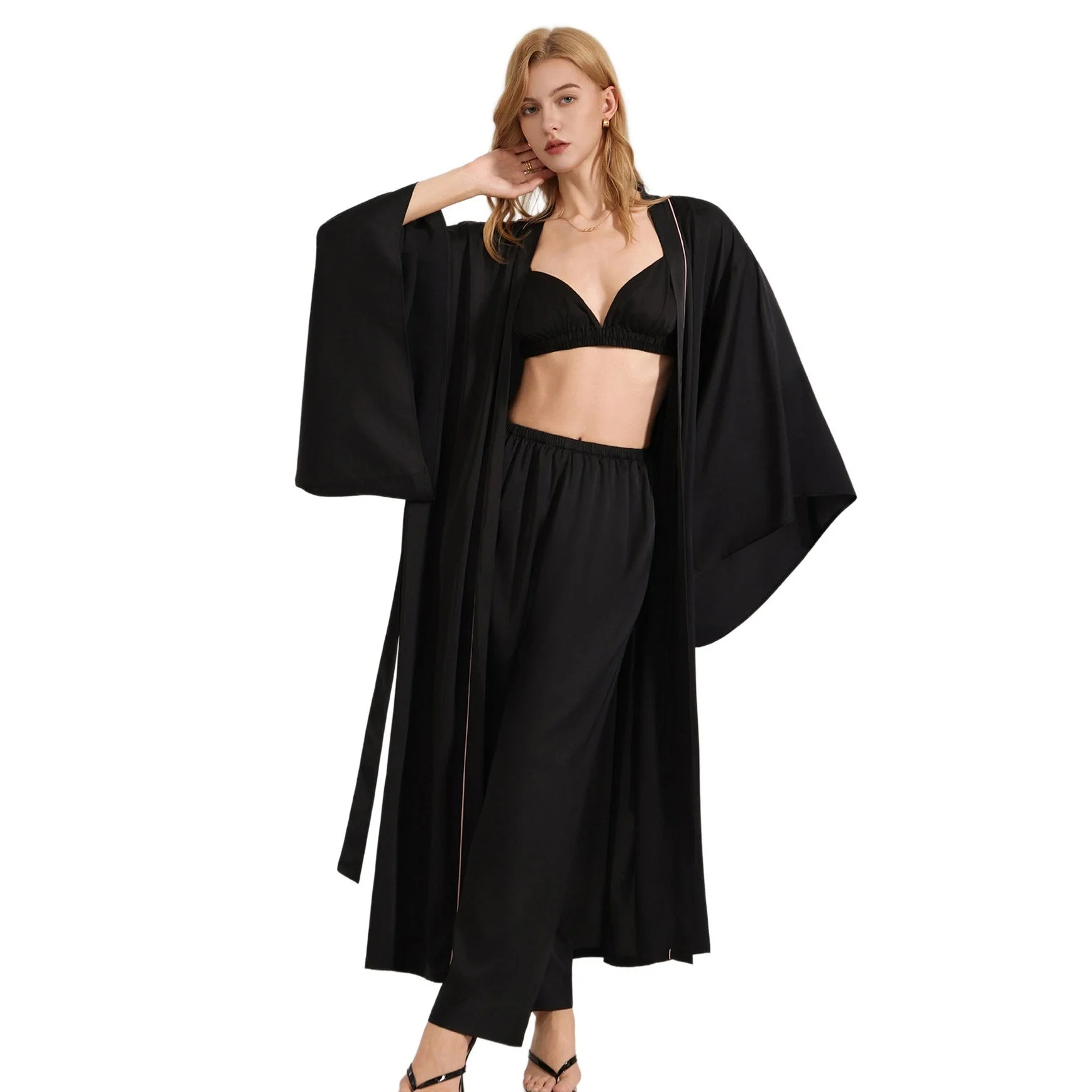 The Noir Harmony | Women's Satin Long-Sleeve Robe, Cami & Long Pants Three-Piece Set - Image 3