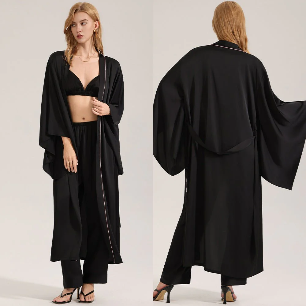 The Noir Harmony | Women's Satin Long-Sleeve Robe, Cami & Long Pants Three-Piece Set - Image 4