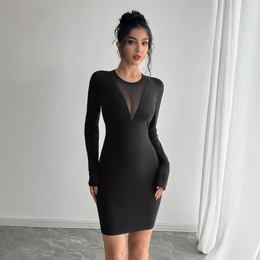 The Noir Mesh | Women's Mesh Stitching Chest Long-Sleeve Slim Mini Dress