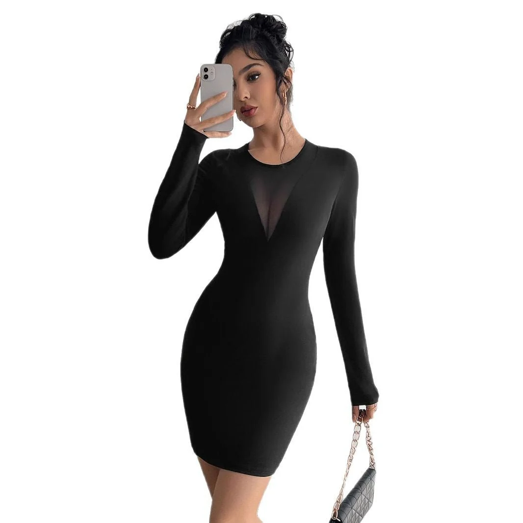 The Noir Mesh | Women's Mesh Stitching Chest Long-Sleeve Slim Mini Dress - Image 5