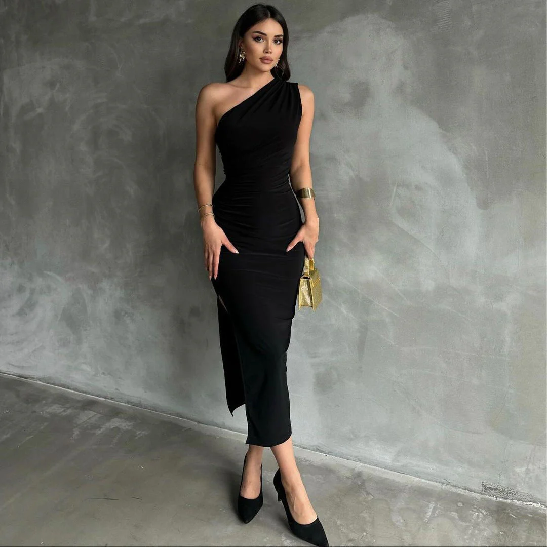 The Ocean Allure | Solid Color Slant-Shoulder Backless Slit Maxi Dress - Image 10