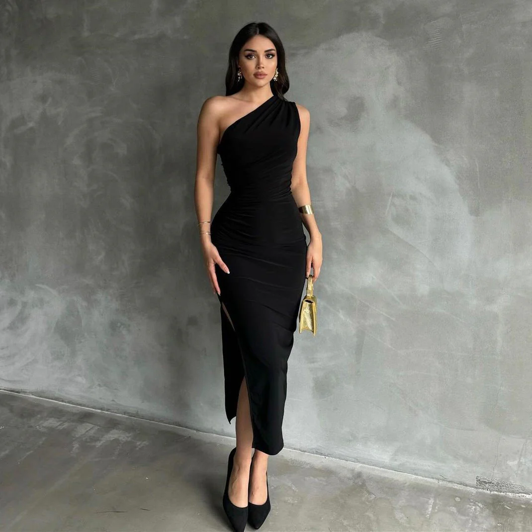 The Ocean Allure | Solid Color Slant-Shoulder Backless Slit Maxi Dress - Image 14